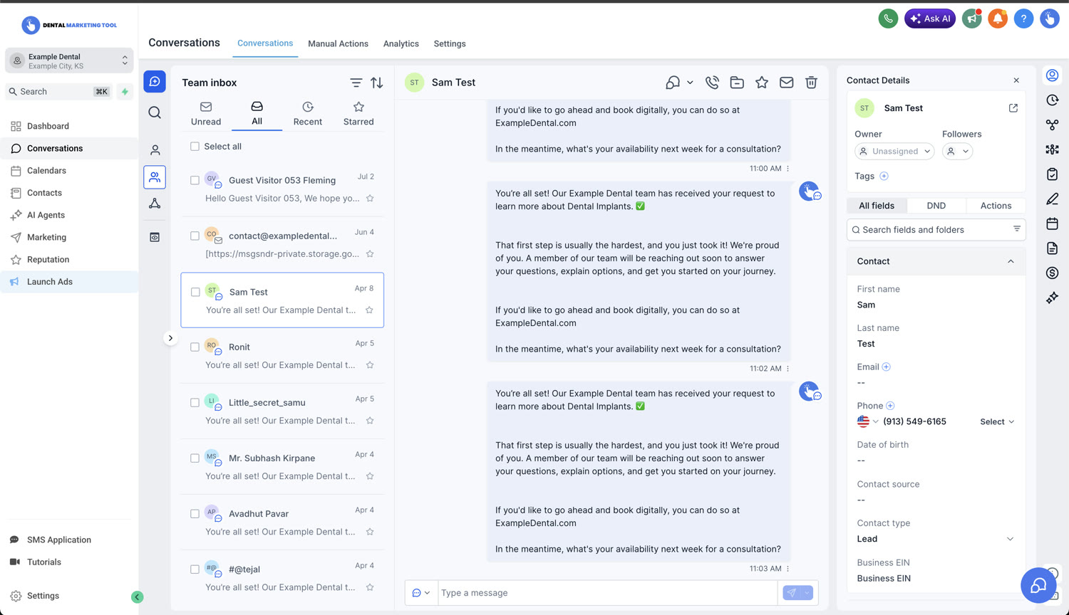 Dental Marketing Tool AI follow-up conversations inbox texting a new lead